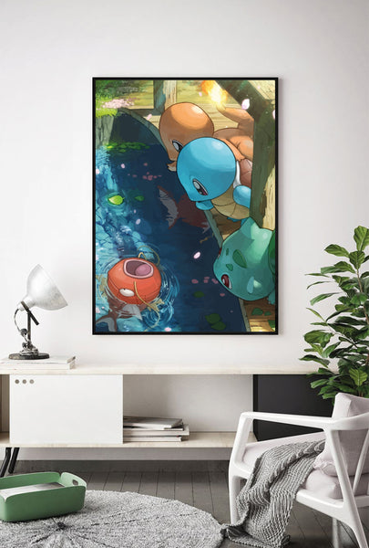 Lámina Pokemon iniciales kanto con Magikarp en estanque