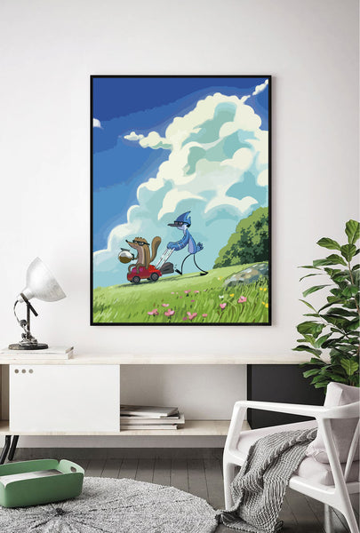 Lámina Mordecai y Rigby cortando el césped